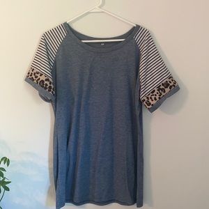 blue/grey tee with cute stripe and cheetah detail